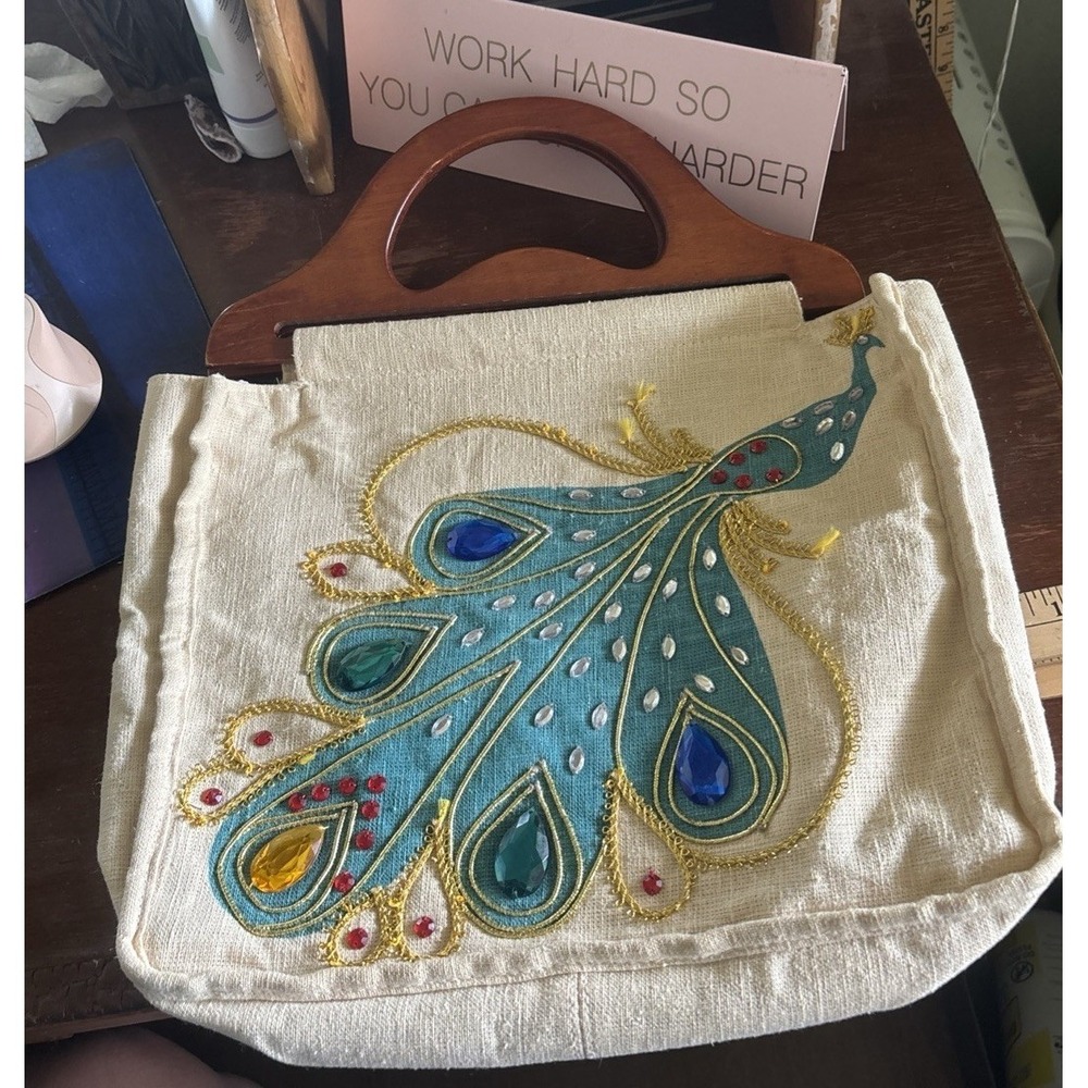 Vintage Cream‎ Linen Handbag Jeweled Peacock with Brown Wooden Handles